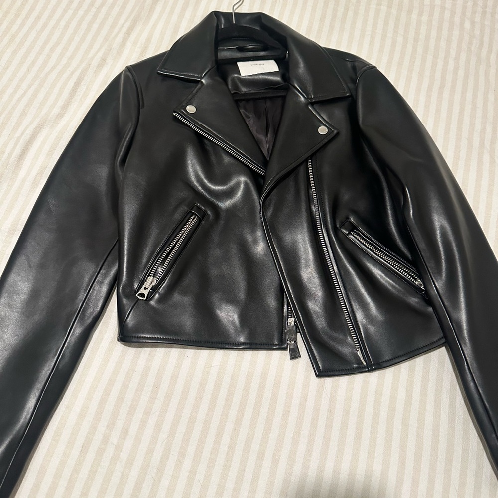 Aritzia Black Leather Moto Jacket with Asymmetrical Zipper